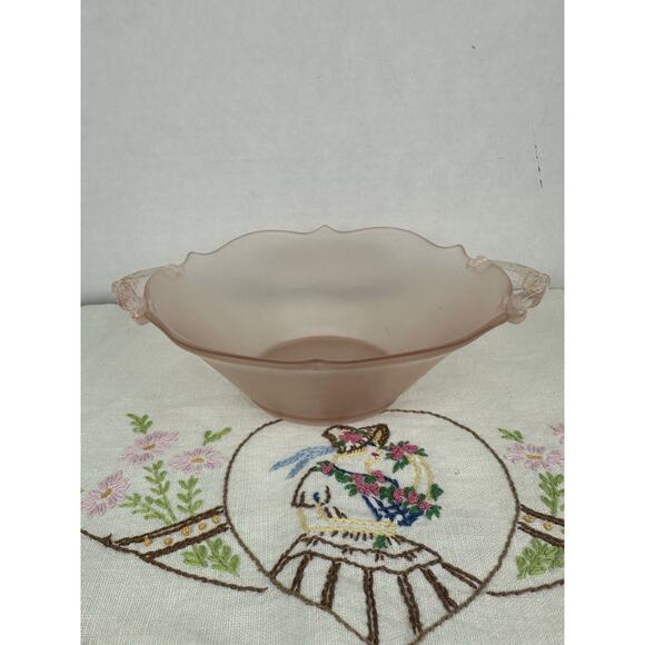 Vintage Lancaster Depression Glass Frosted Pink Double Handle Small Bowl Elegant - Picture 1 of 5
